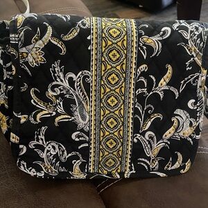 Quilted Black Floral Crossbody Bag with Yellow Accent
